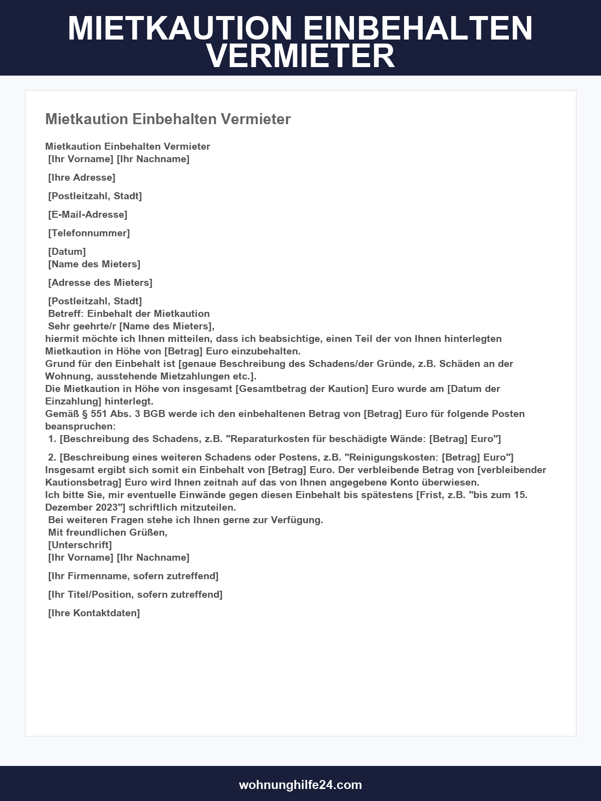 Mietkaution Einbehalten Musterbrief Vermieter