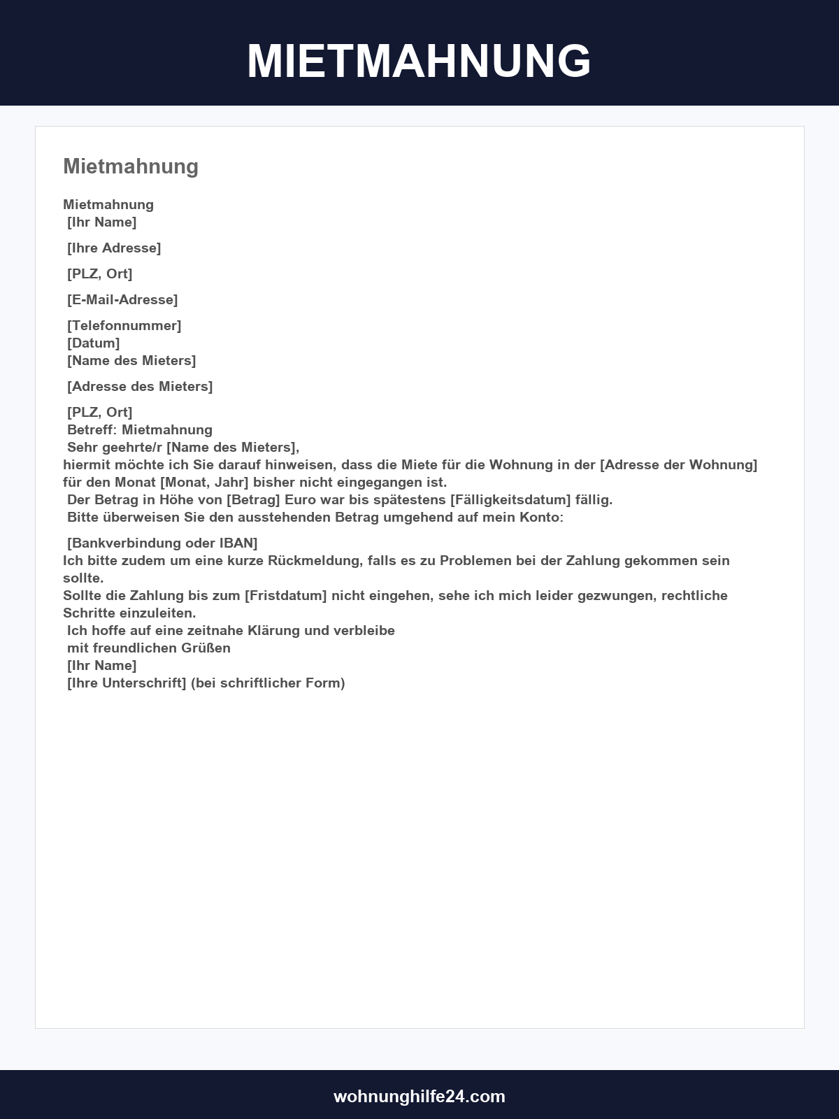 Mietmahnung Vorlage