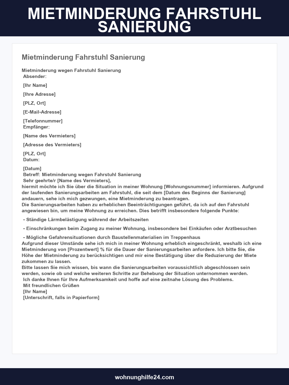 Mietminderung Fahrstuhl Sanierung Musterbrief