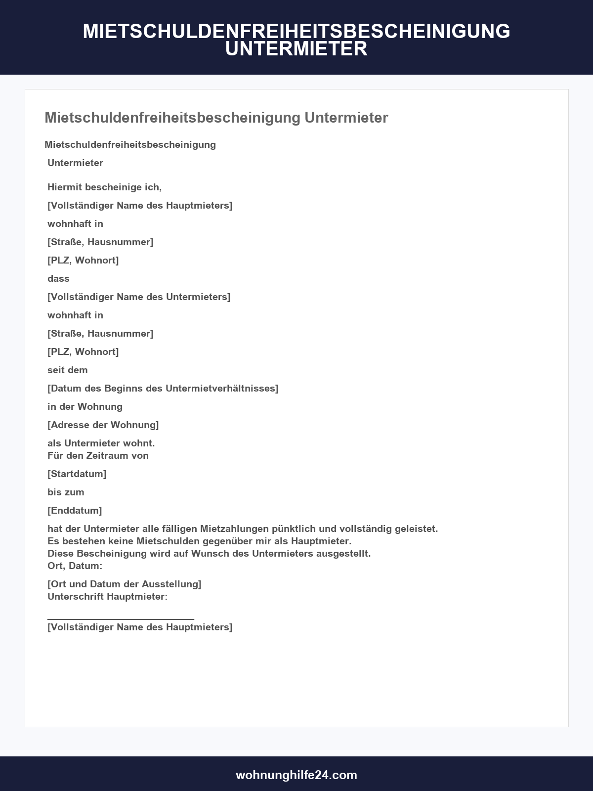 Mietschuldenfreiheitsbescheinigung Untermieter