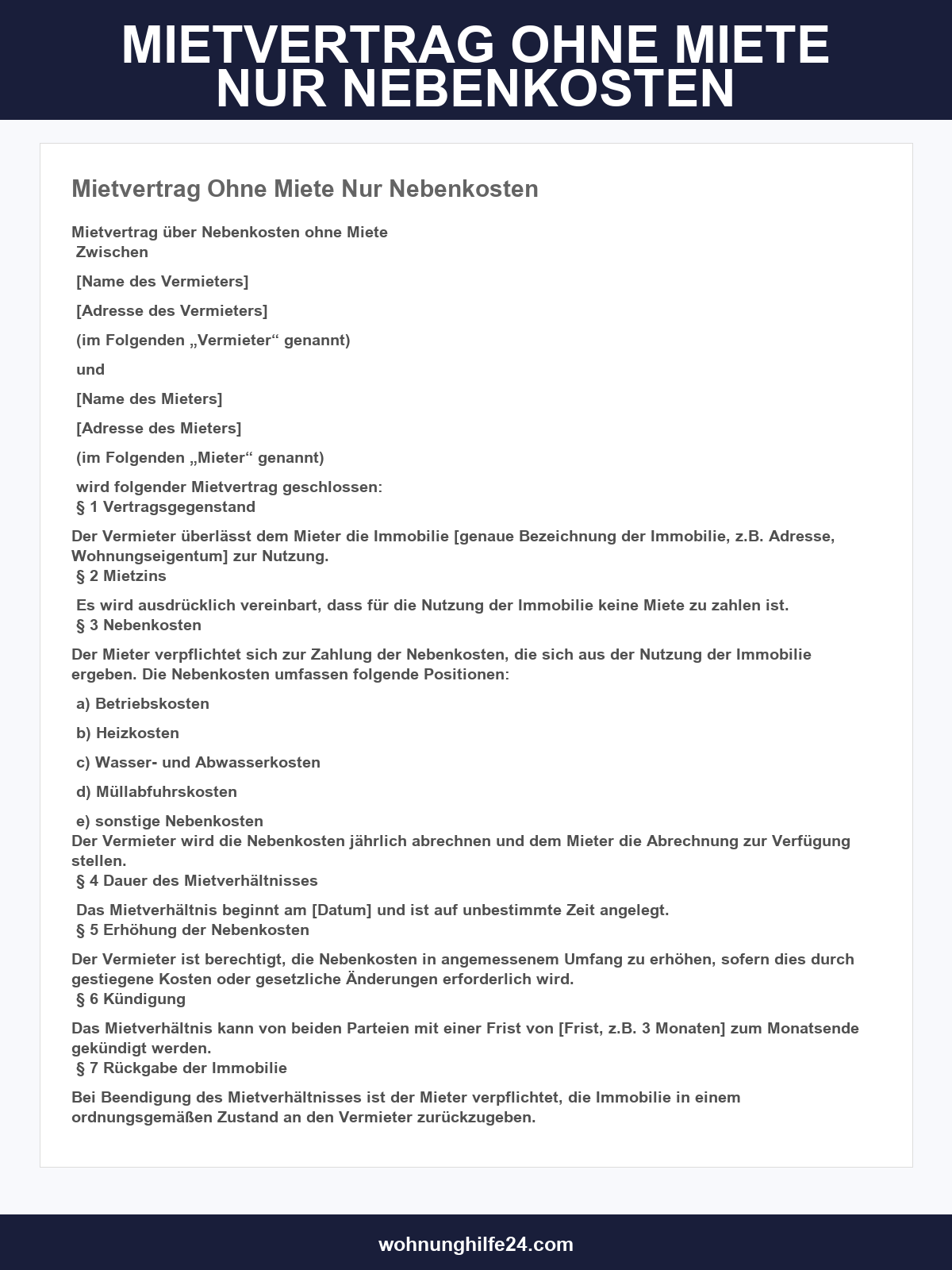 Mietvertrag Ohne Miete Nur Nebenkosten Muster