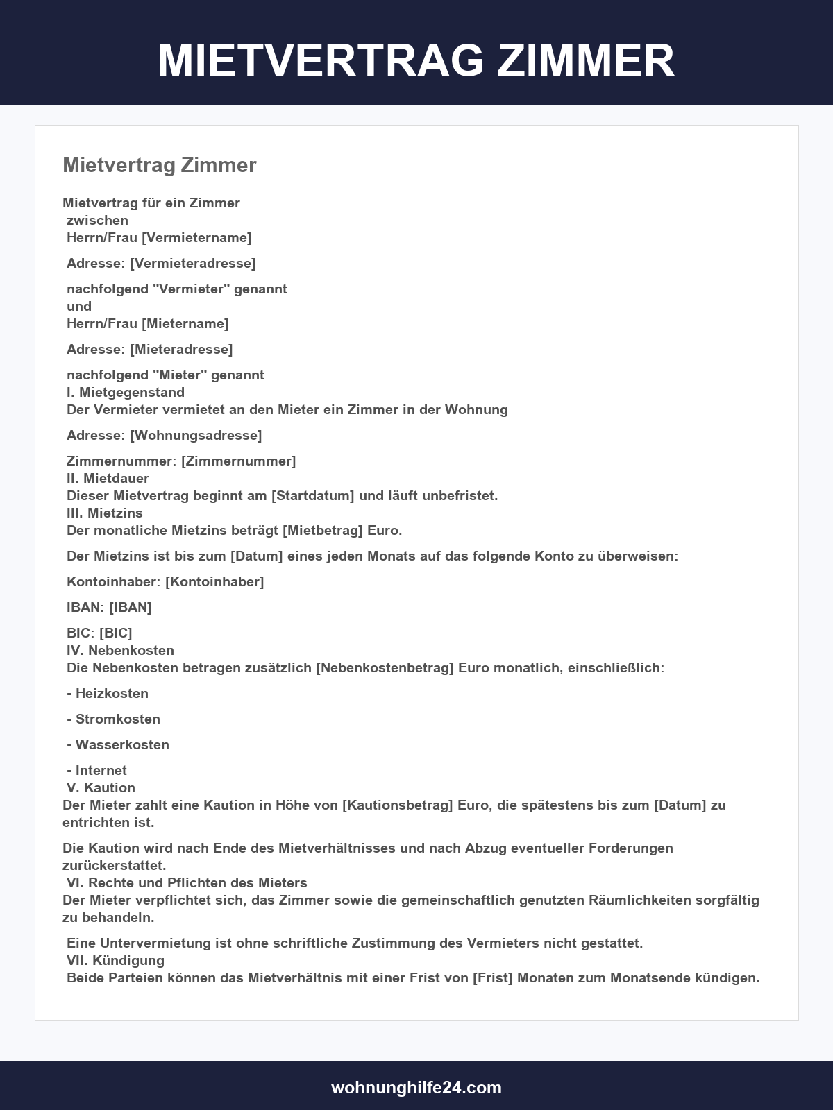 Mietvertrag Zimmer Vorlage
