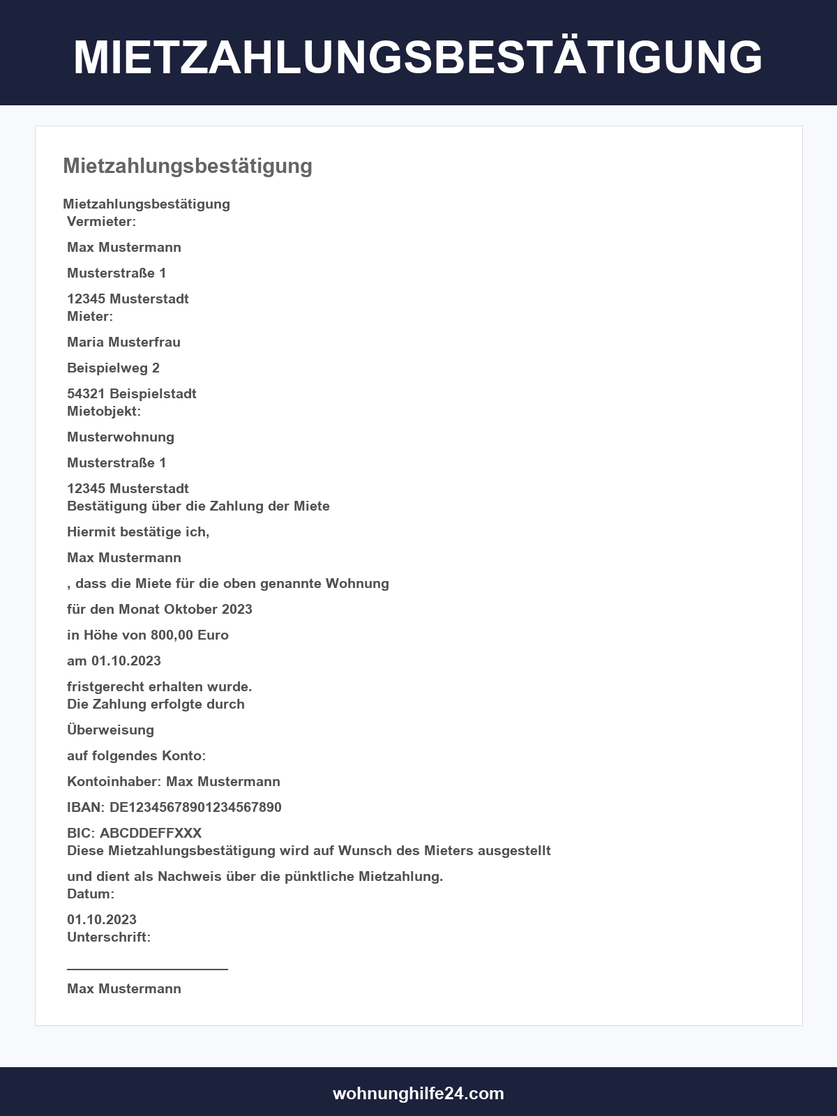 Mietzahlungsbestätigung Vorlage