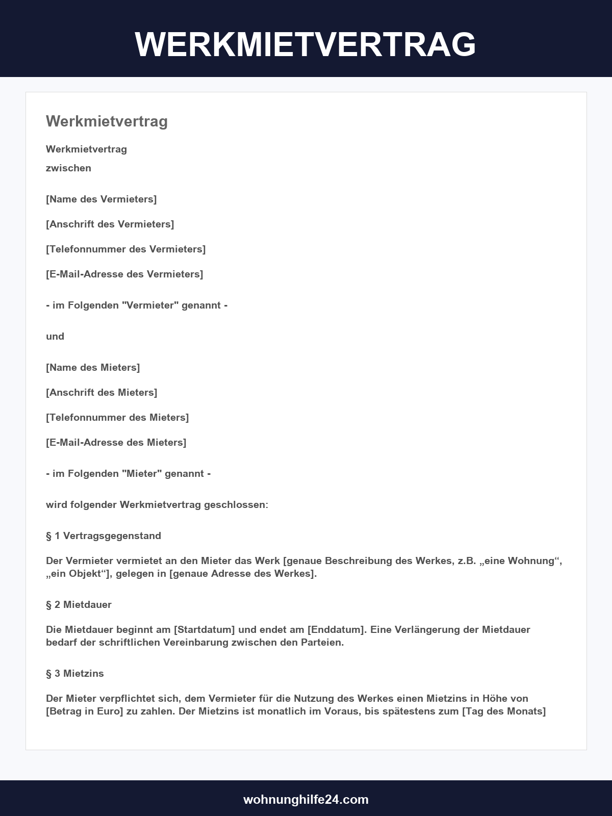 Werkmietvertrag Muster